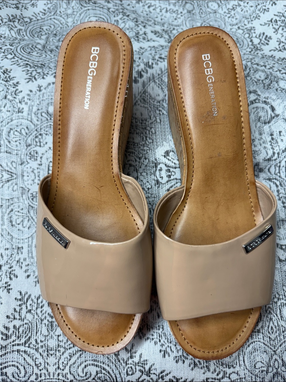 BCBGeneration Nude Patent Slide Mules - 9.5